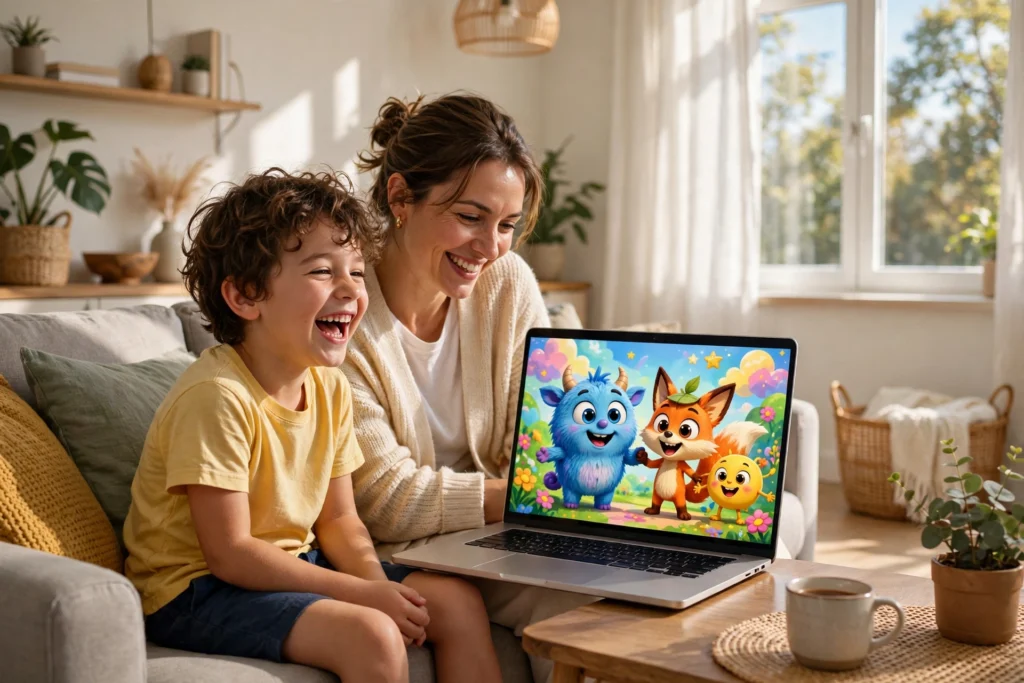Family watching an animated film together on a laptop in a bright living room