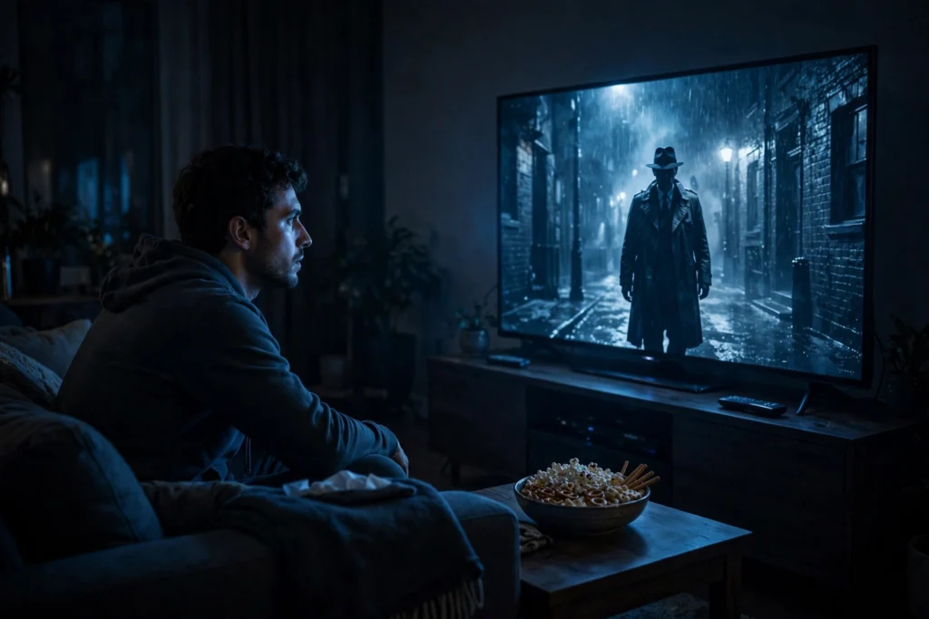 Person watching a mystery film on a large TV in a dark living room