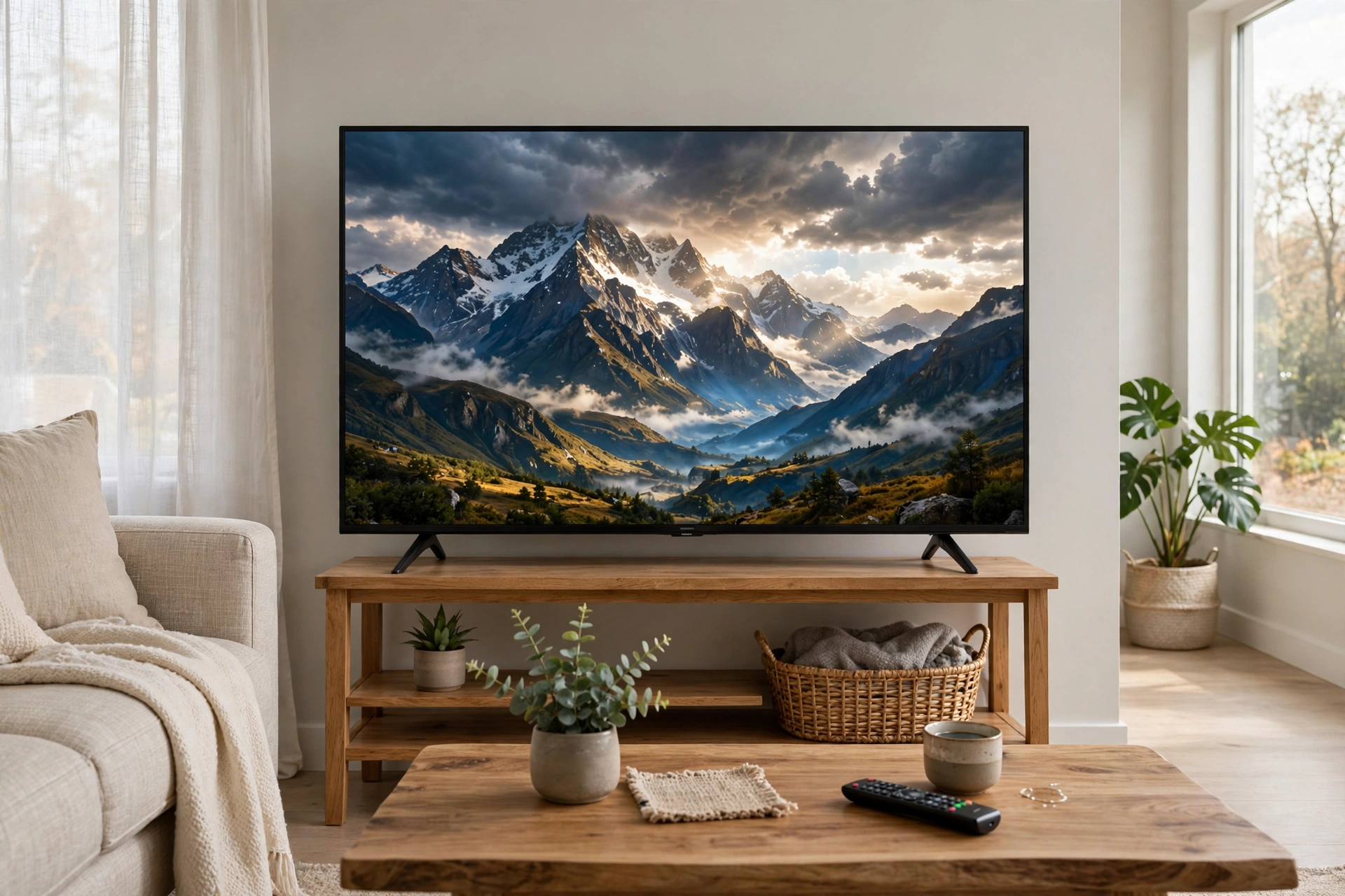 Smart TV in a modern living room showing a vibrant movie landscape scene