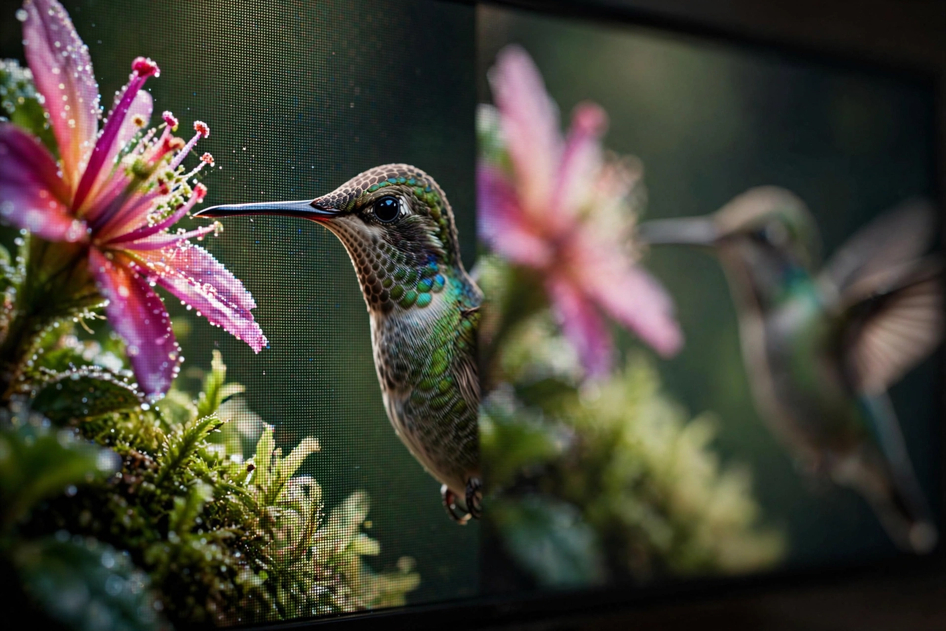 Close-up of a TV screen, one half razor-sharp 4K detail and the other half softer 1080p