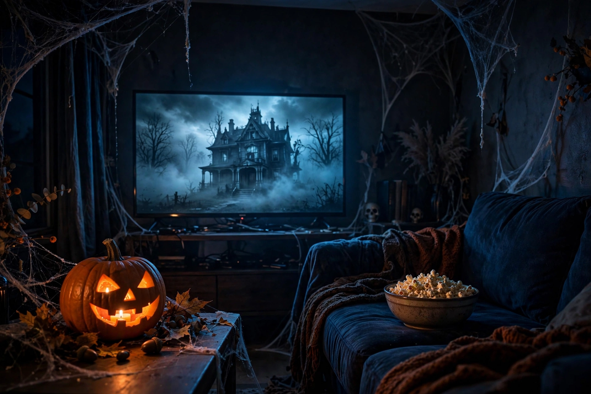 Dark living room with a TV showing a spooky horror movie night scene