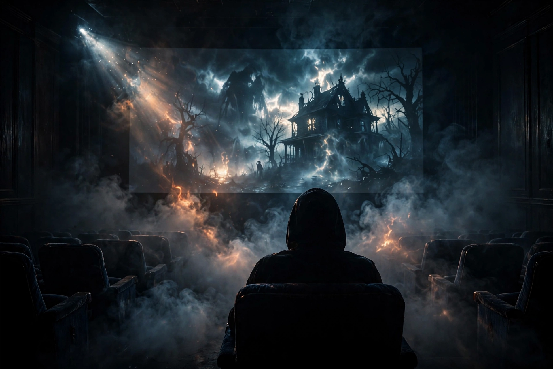 Person watching a scary movie on a large screen in the dark