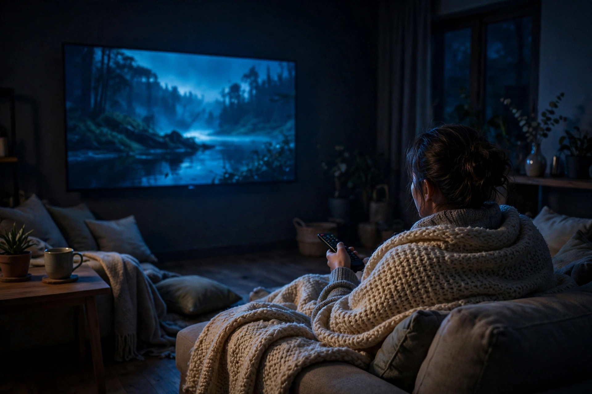 Person watching a glowing TV screen from a couch in a dark living room at night