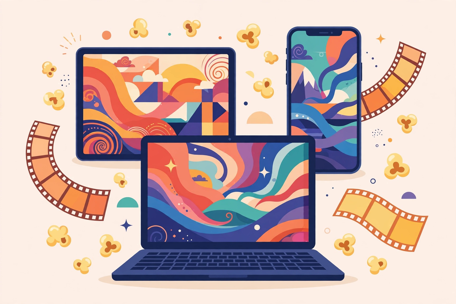 illustration of a tablet, smartphone and laptop showing colorful movie stills