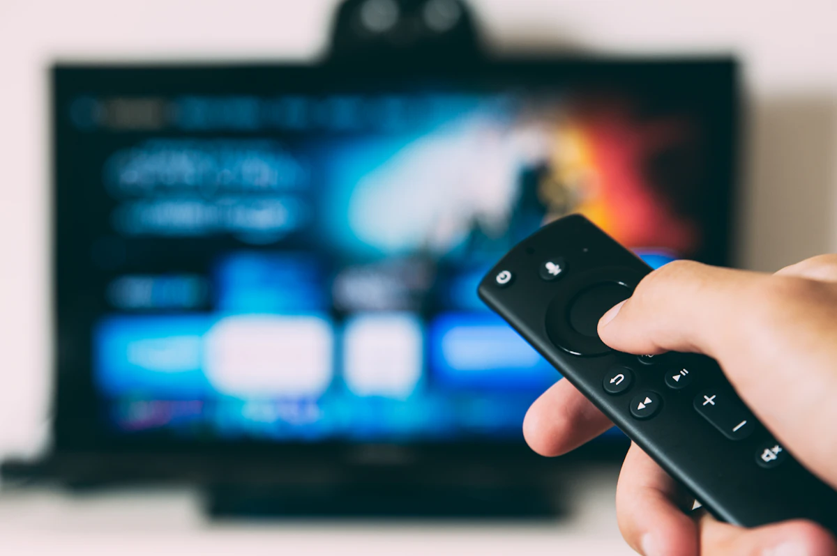 Person holding a TV remote control in front of a television