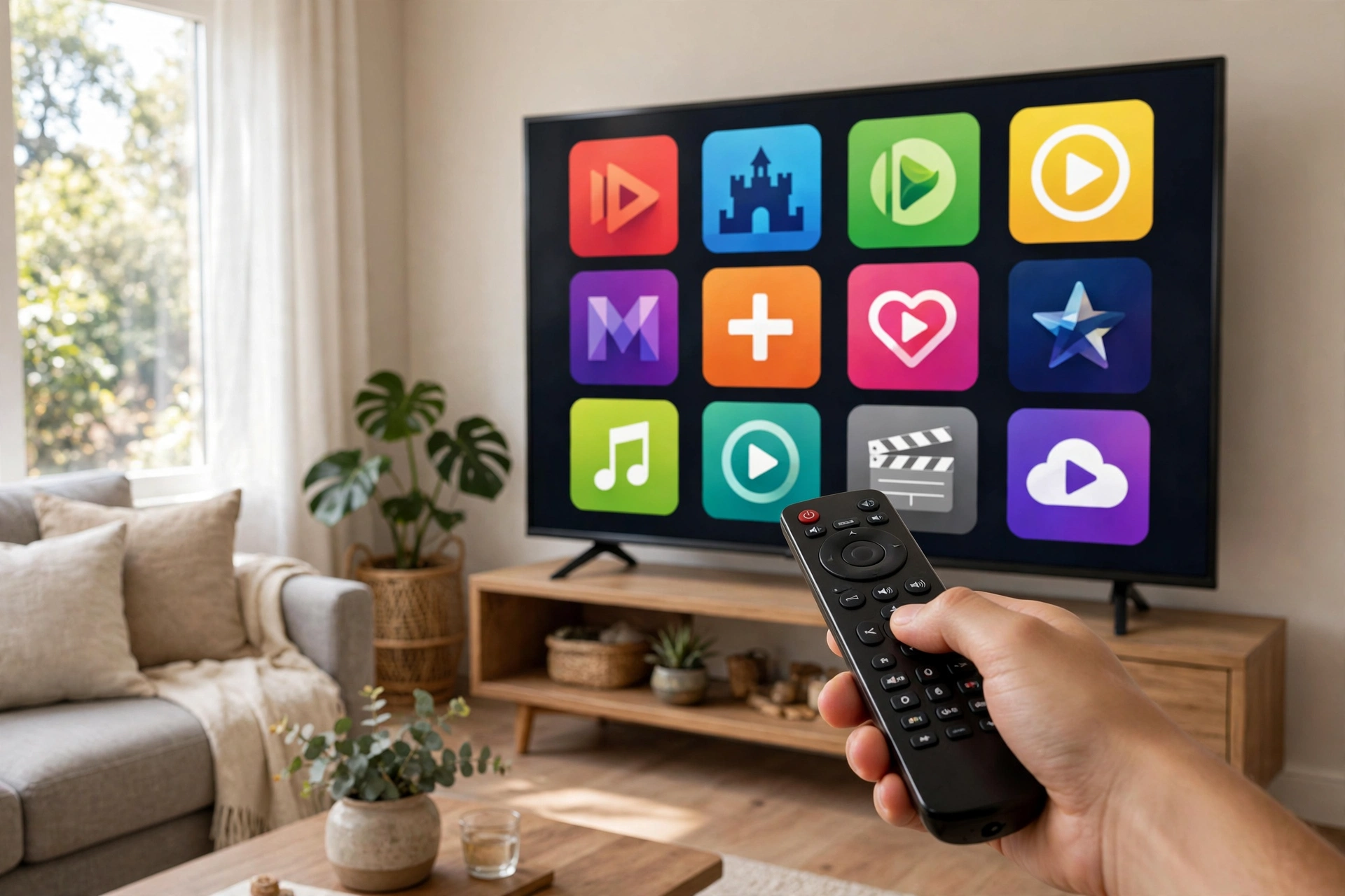 Television displaying a grid of colorful streaming app icons