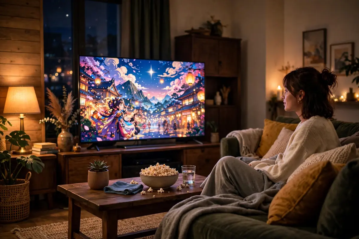 Person watching colorful animated shows on a TV in a cozy living room