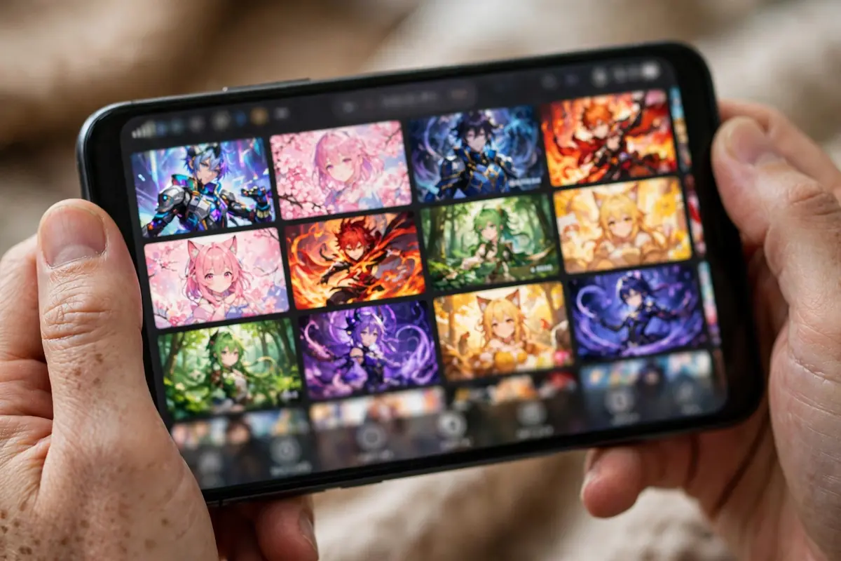 Hands holding a smartphone showing a streaming app with anime titles