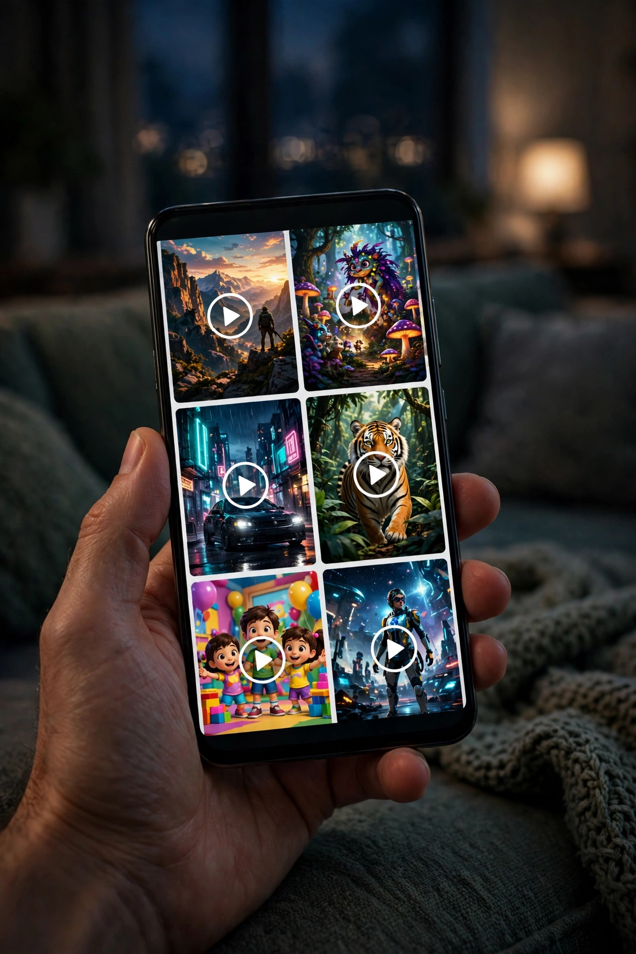 Hand holding a smartphone showing a colorful streaming app on the screen