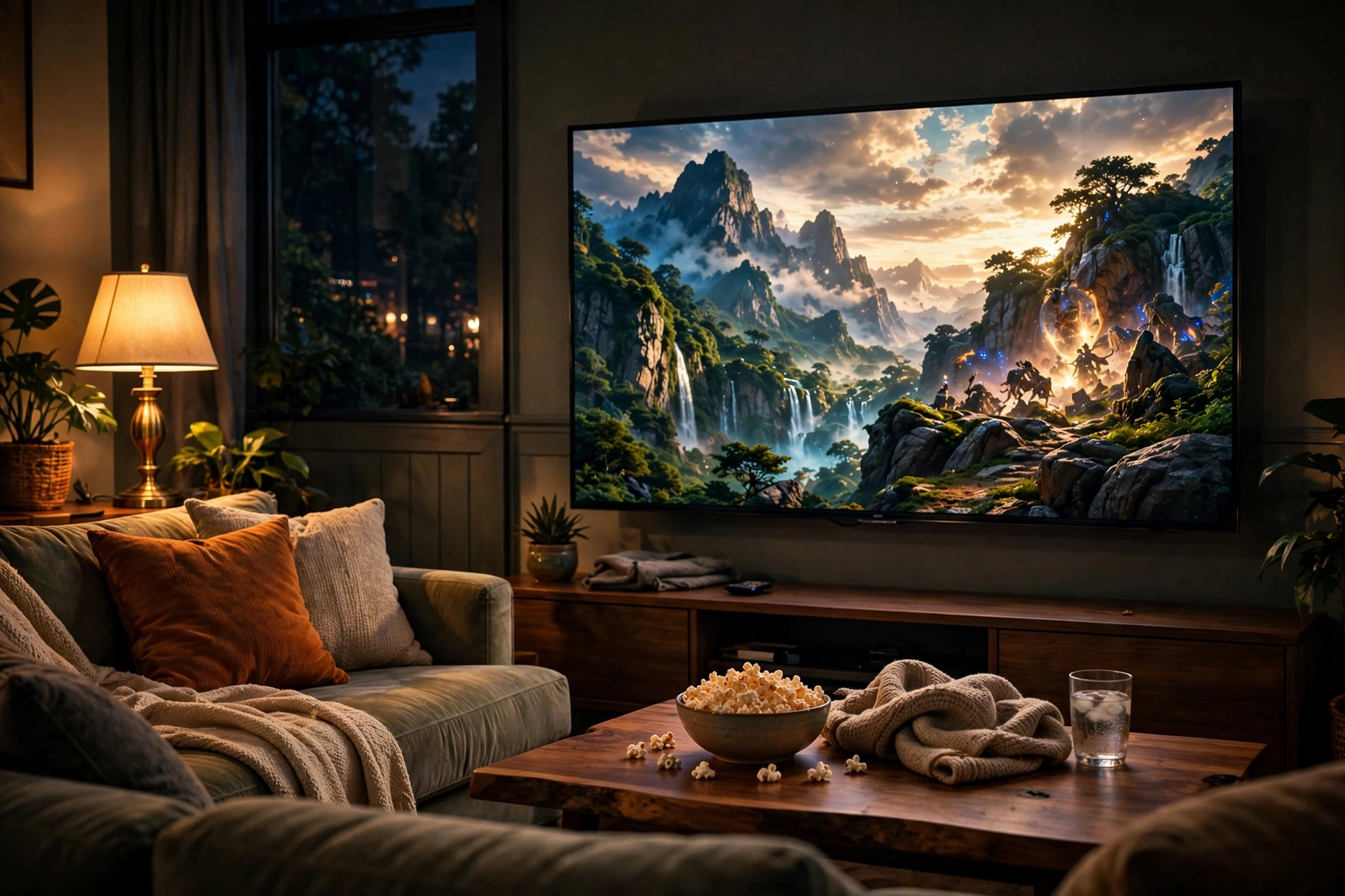 Living room with a TV showing a streaming movie night scene