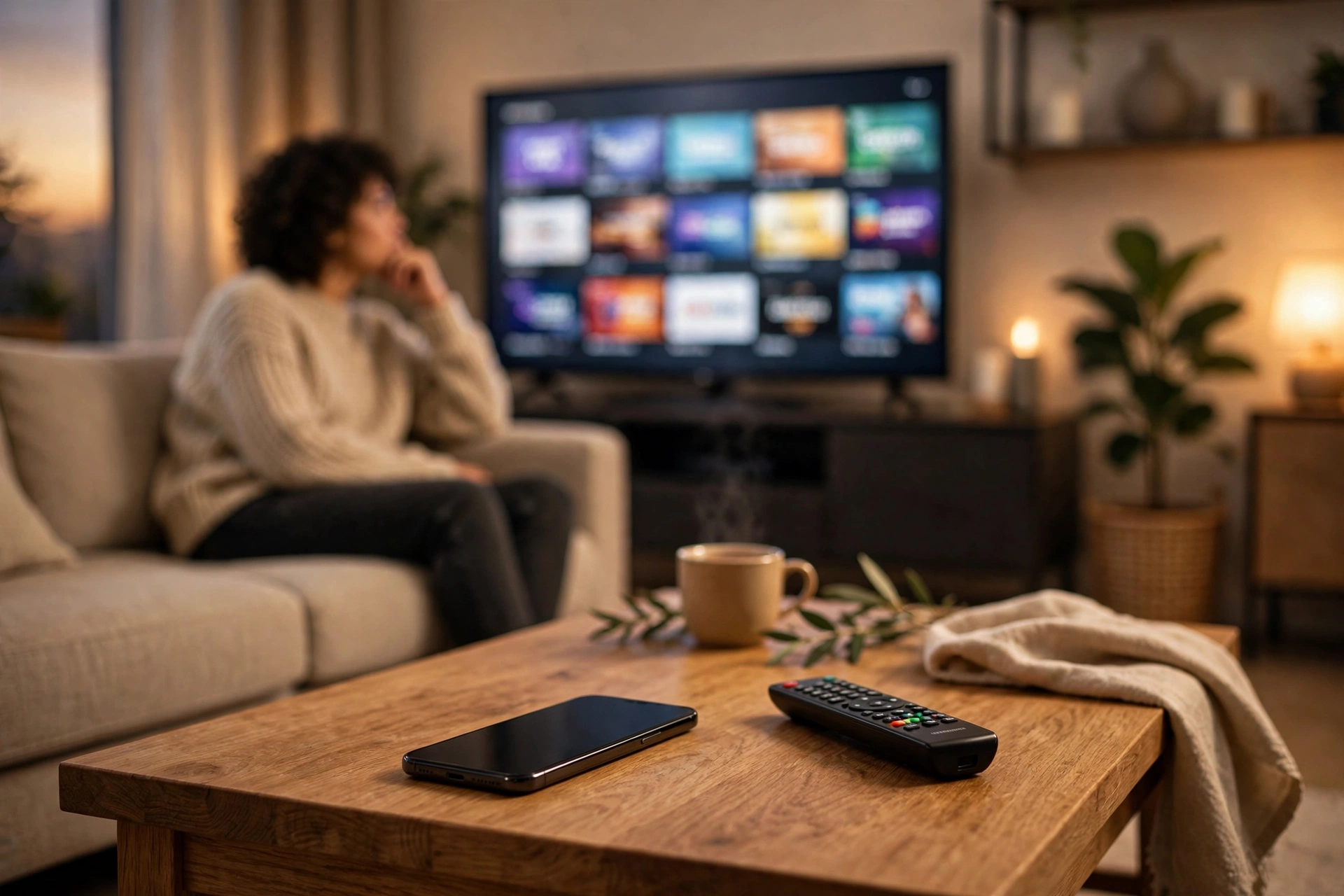 Streaming remote and devices on a table in front of a television