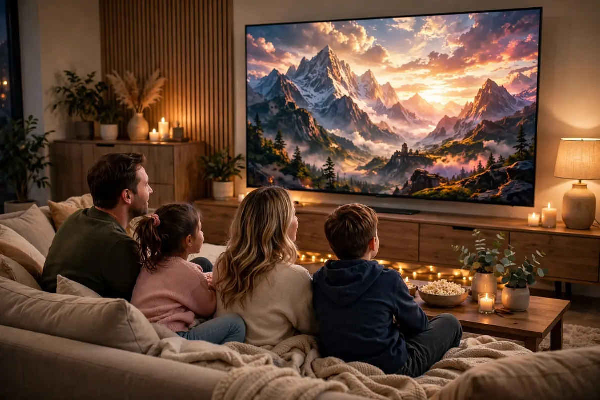 Family enjoying a movie night on a couch facing a large TV
