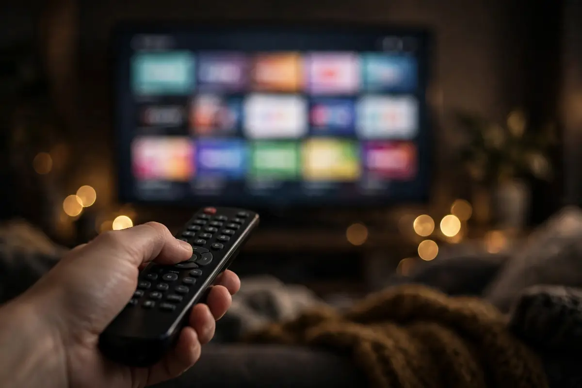 Hand holding a remote pointed at a TV showing a streaming menu