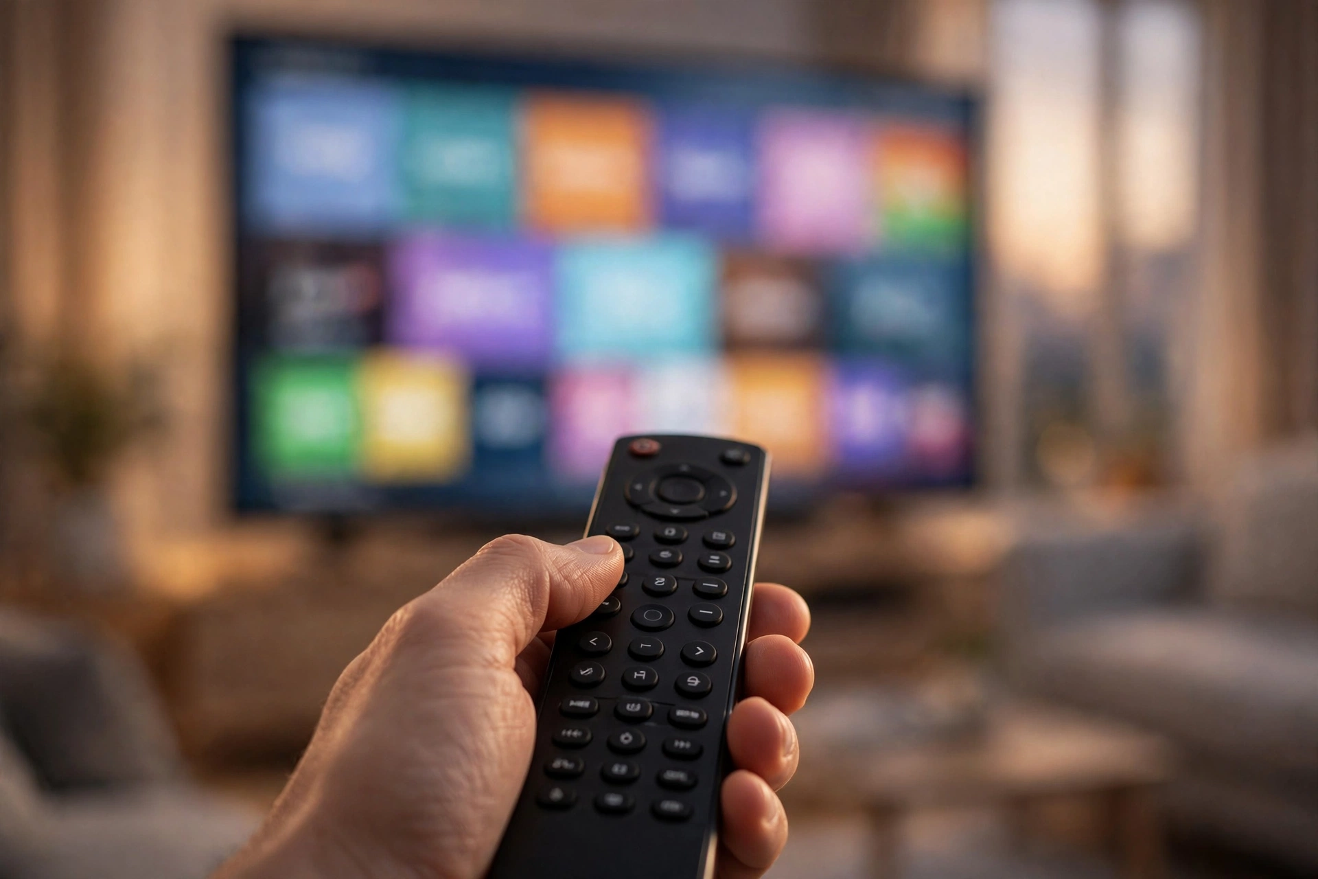 Hand holding a TV remote pointed at a television showing a streaming channel guide — navigating legal free channels