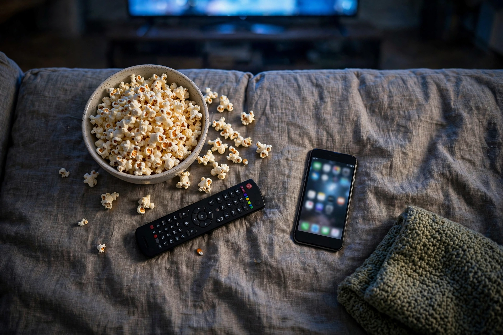 Overhead view of a relaxed movie night on a couch with popcorn, remote, and smartphone in front of a glowing TV