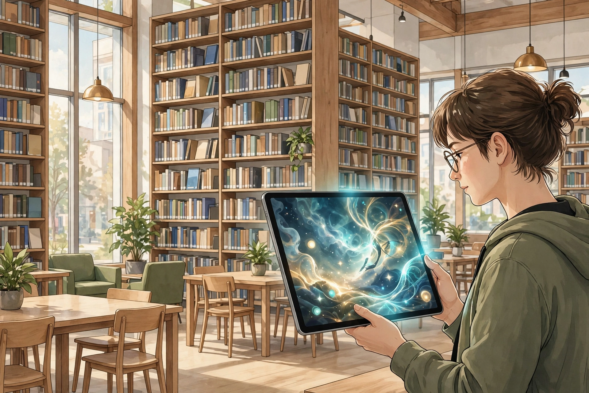 illustration of a modern public library interior with a tablet showing a film