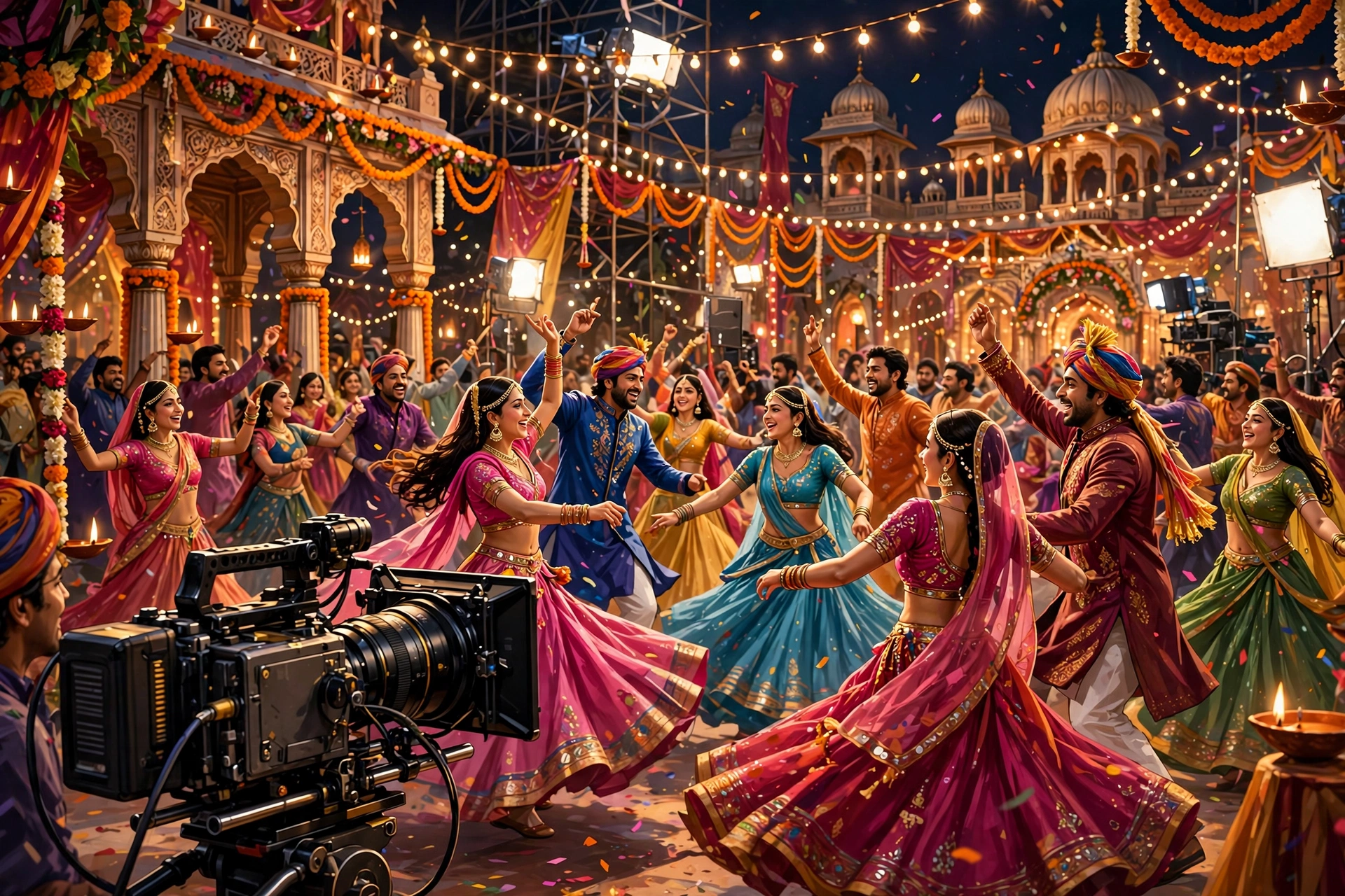 Bollywood film set celebration with dancers in colorful costumes