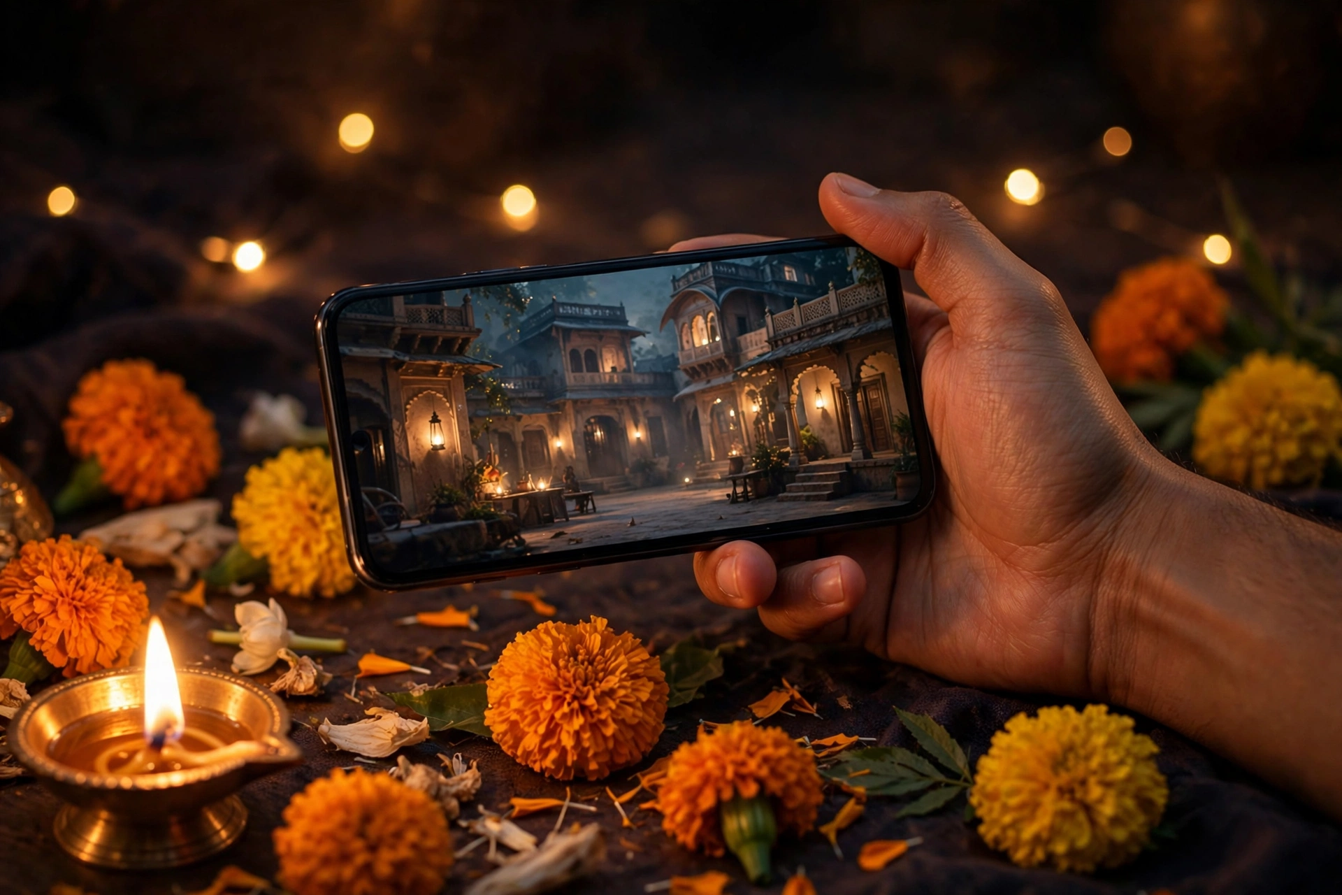 Hand holding a smartphone playing a movie with warm cinematic light