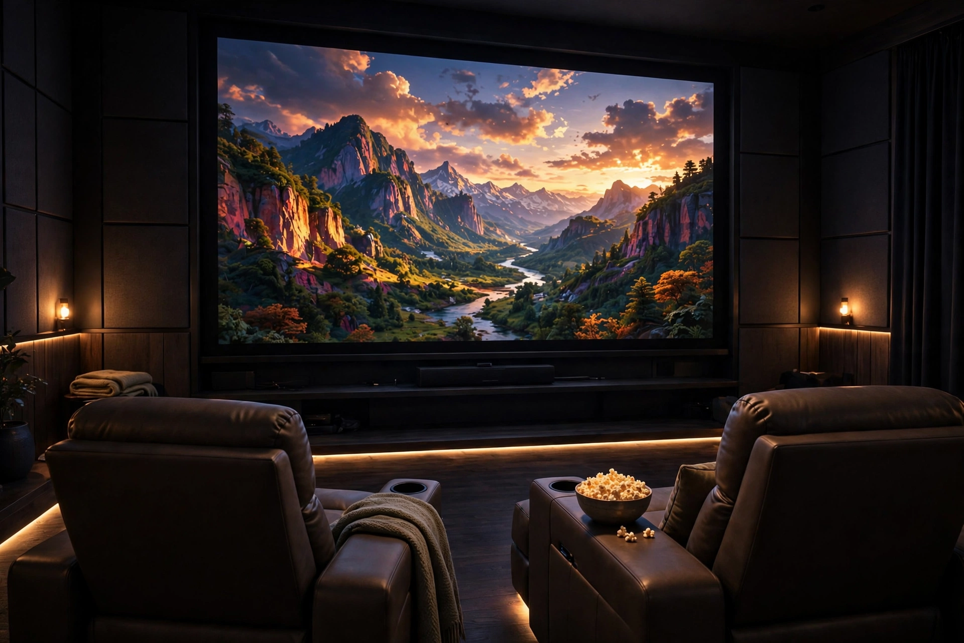 Home movie theater room with glowing screen and popcorn