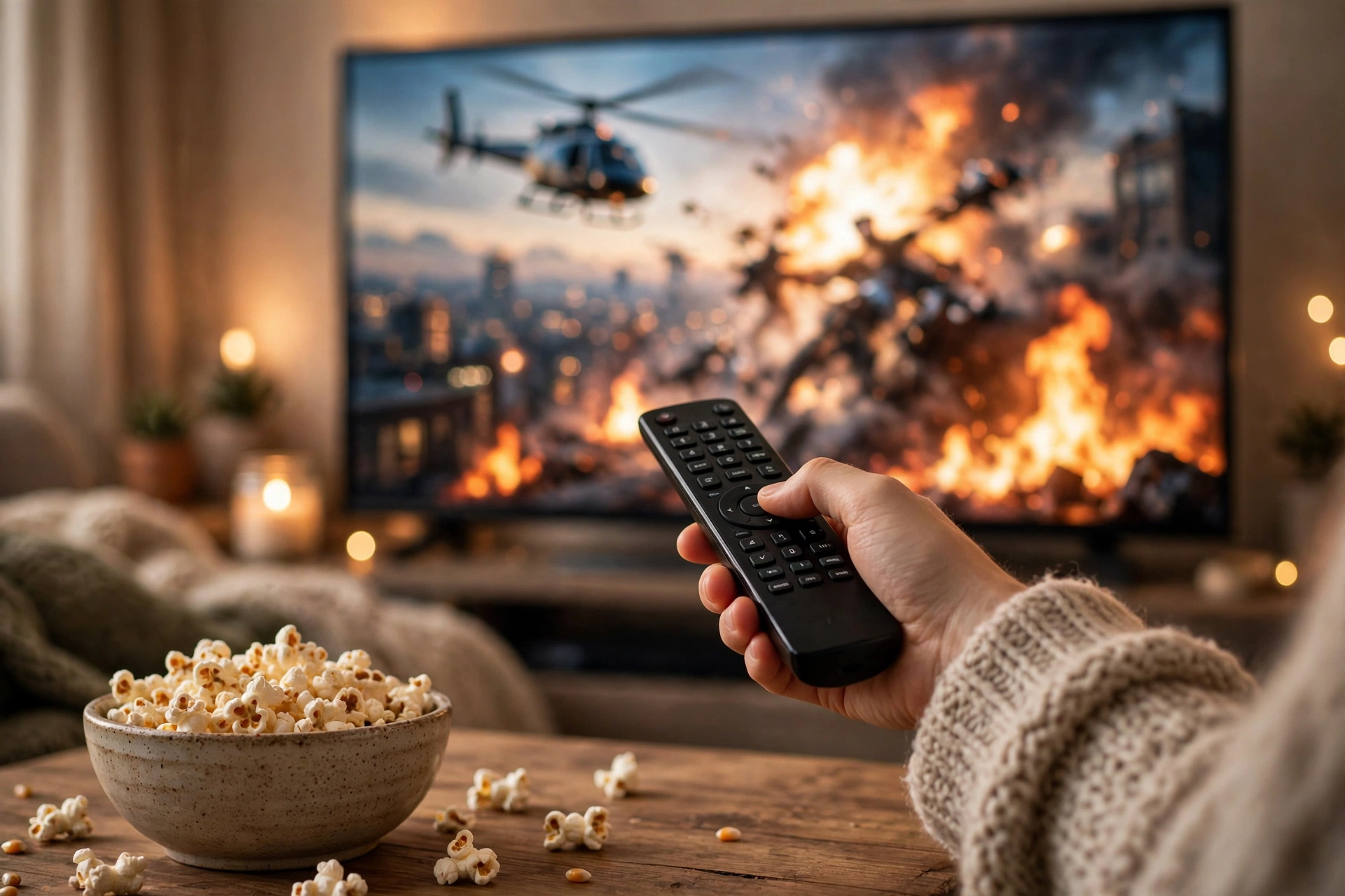 Person pointing a TV remote at a large screen showing a movie scene