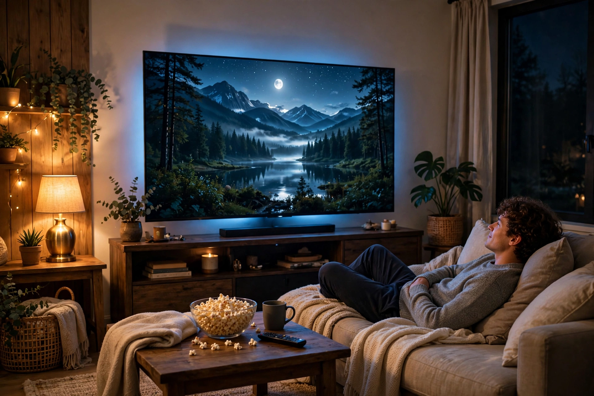 Person relaxing on a sofa and streaming a movie on a TV in a cozy living room