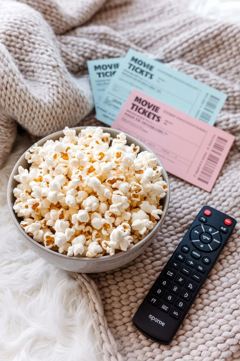 Bowl of popcorn and movie snacks on a table for a home movie night