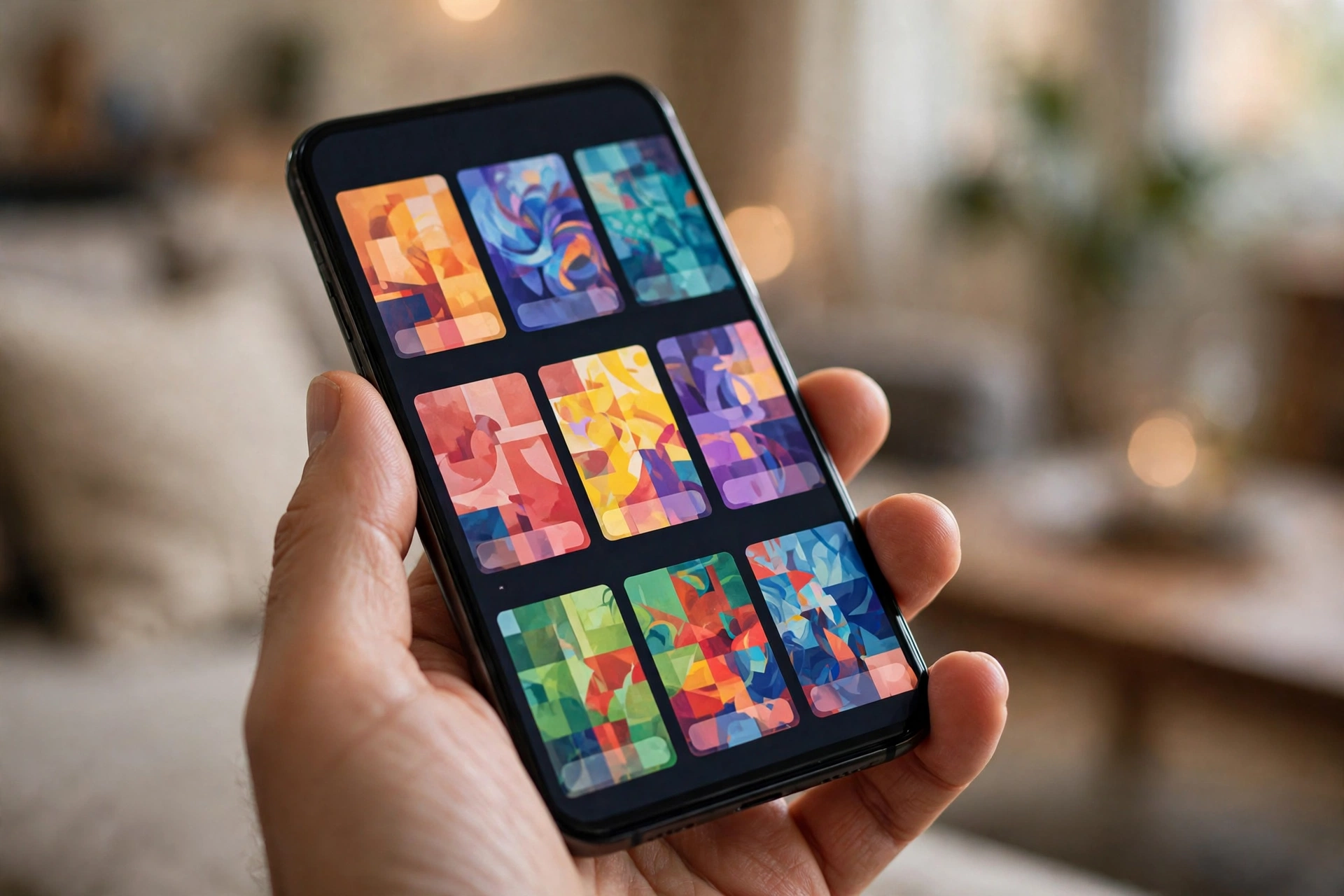 Hand holding a smartphone showing a streaming app with movie thumbnails