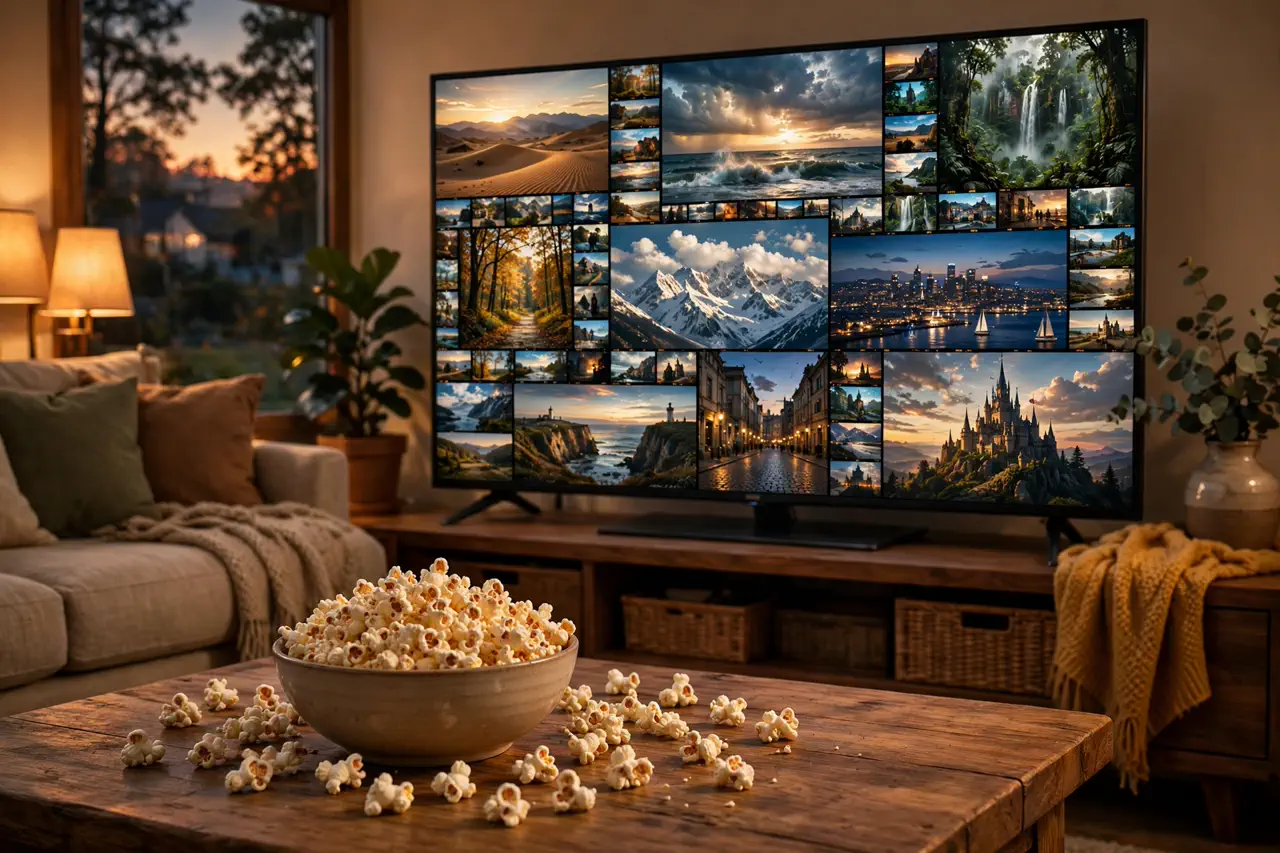 Television showing a collage of colorful film frames with popcorn in front