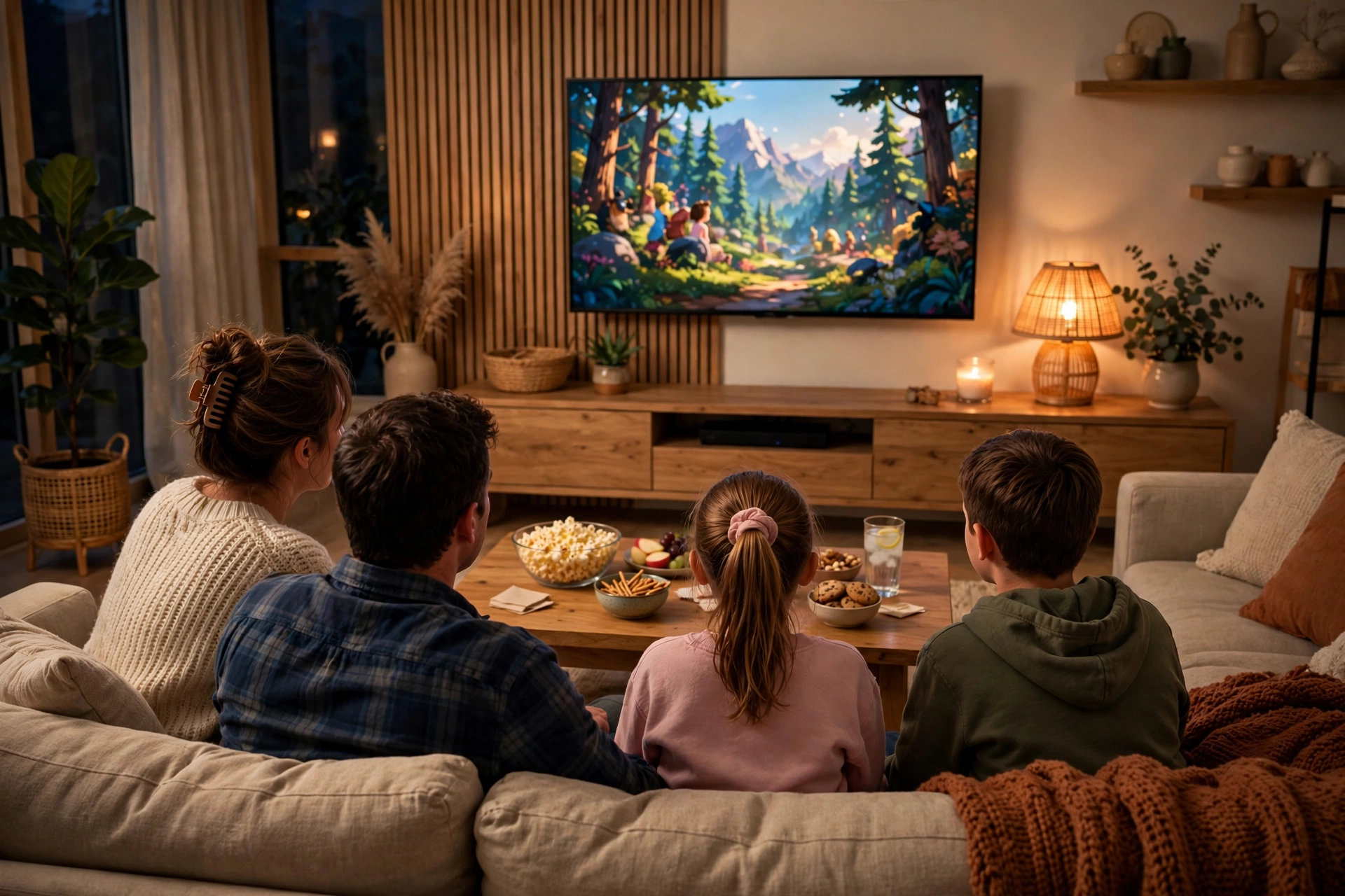 Family watching a smart TV together in a warm modern living room