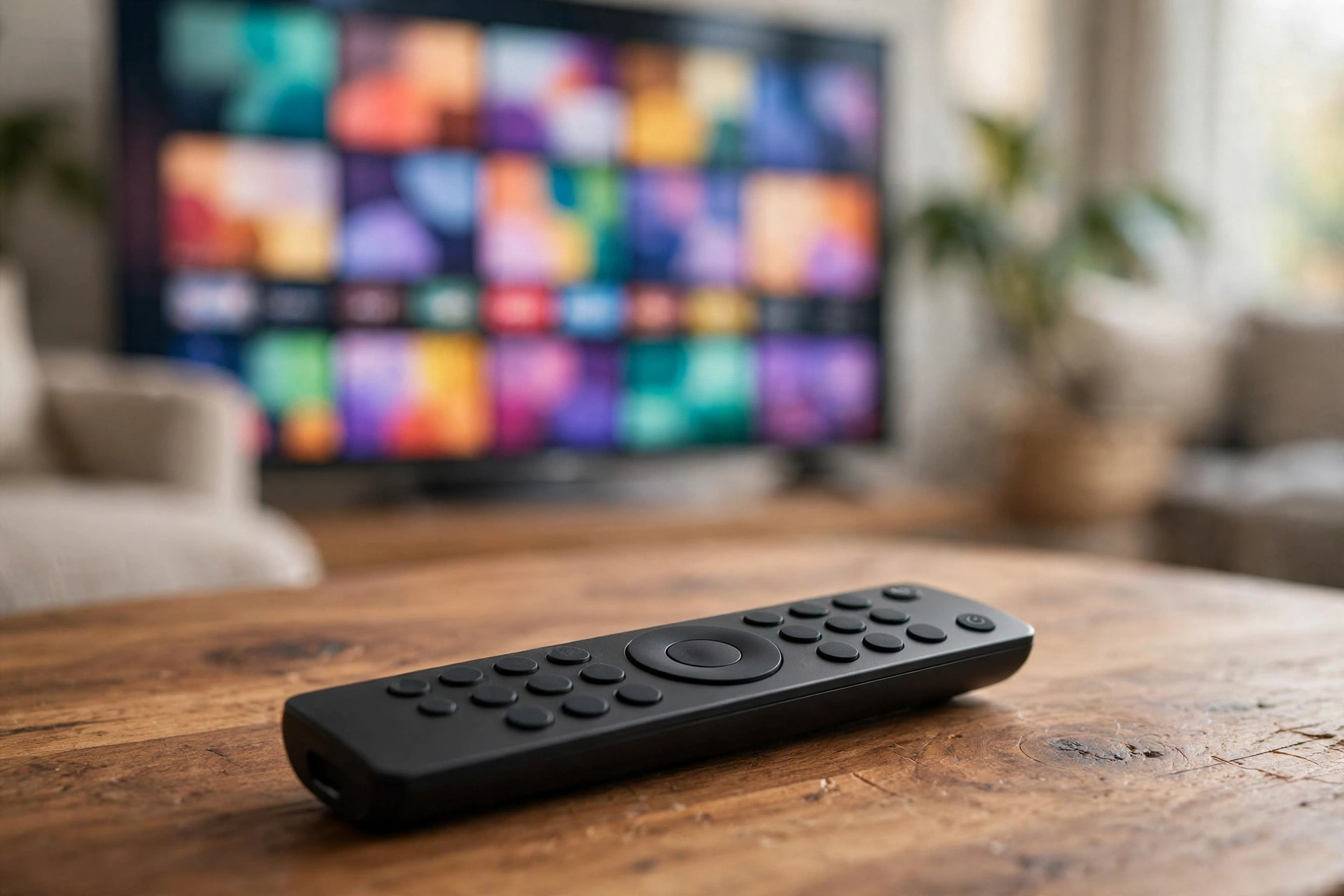 TV remote control on a table in front of a smart TV with a streaming interface