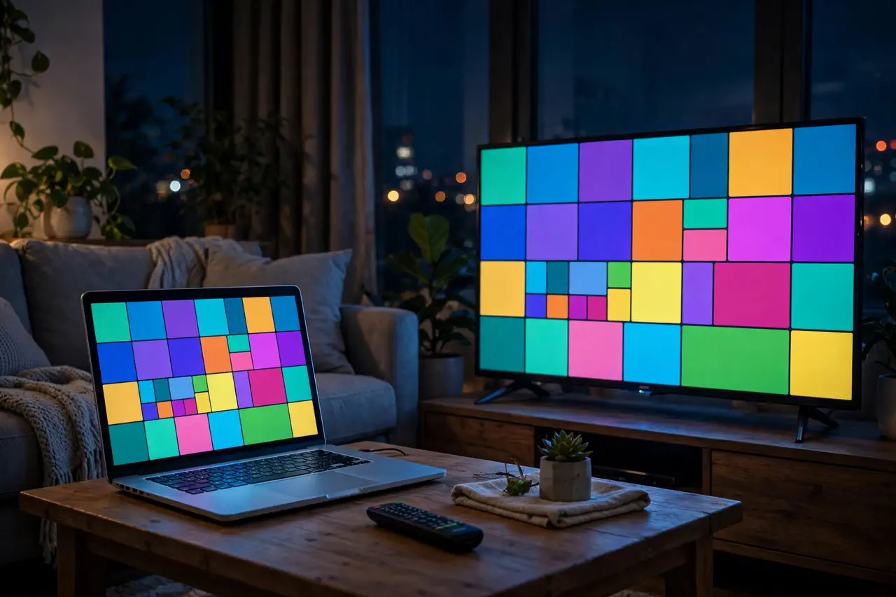 Laptop and television streaming in a living room at night