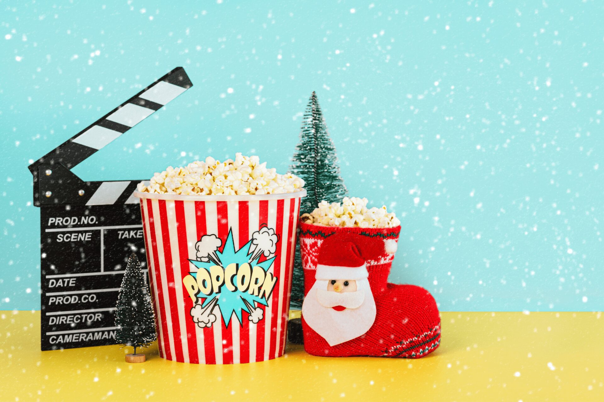 Christmas movie night setup with festive decorations
